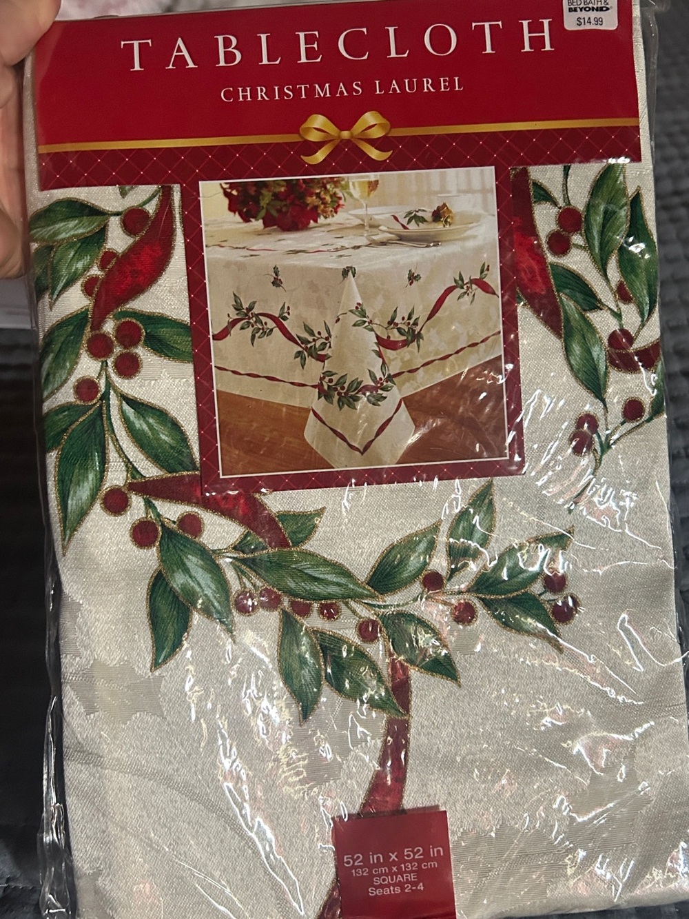 Vintage Tablecloth Christmas Laurel Tablecloth - Ivory with Green & Red Laurel